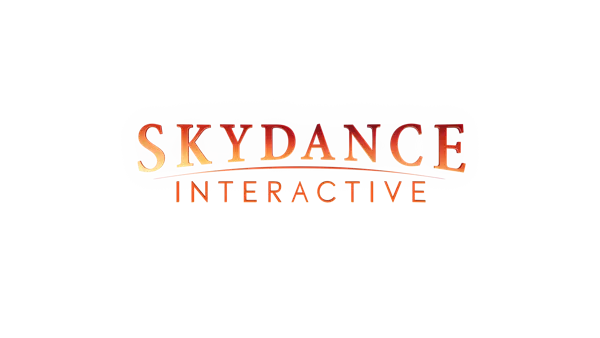 Логотип студии Skydance Interactive на черном фоне с эффектом объемной текстуры и оранжево-красным свечением.