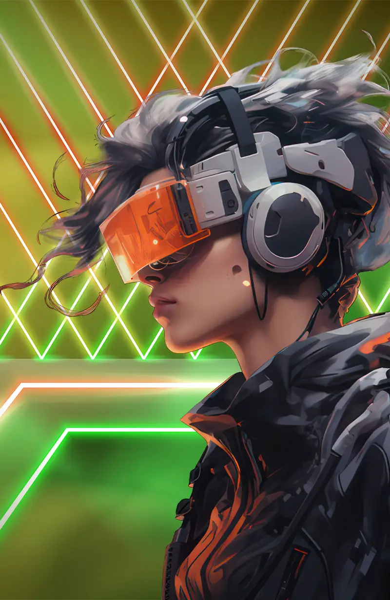 Персонаж в VR-очки и наушники на фоне неонового сетчатого узора в стиле киберпанк.