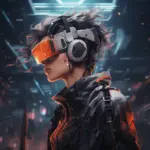 Персонаж в VR-очки и наушники, погруженный в киберпанковую виртуальную реальность с оранжевым свечением.