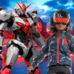 Игрок в VR-шлеме управляет гигантским боевым роботом на фоне футуристического города.