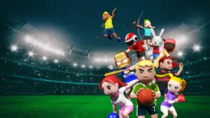 Группа разнообразных персонажей в стиле VR играют в спортивные игры на стадионе под яркими прожекторами.