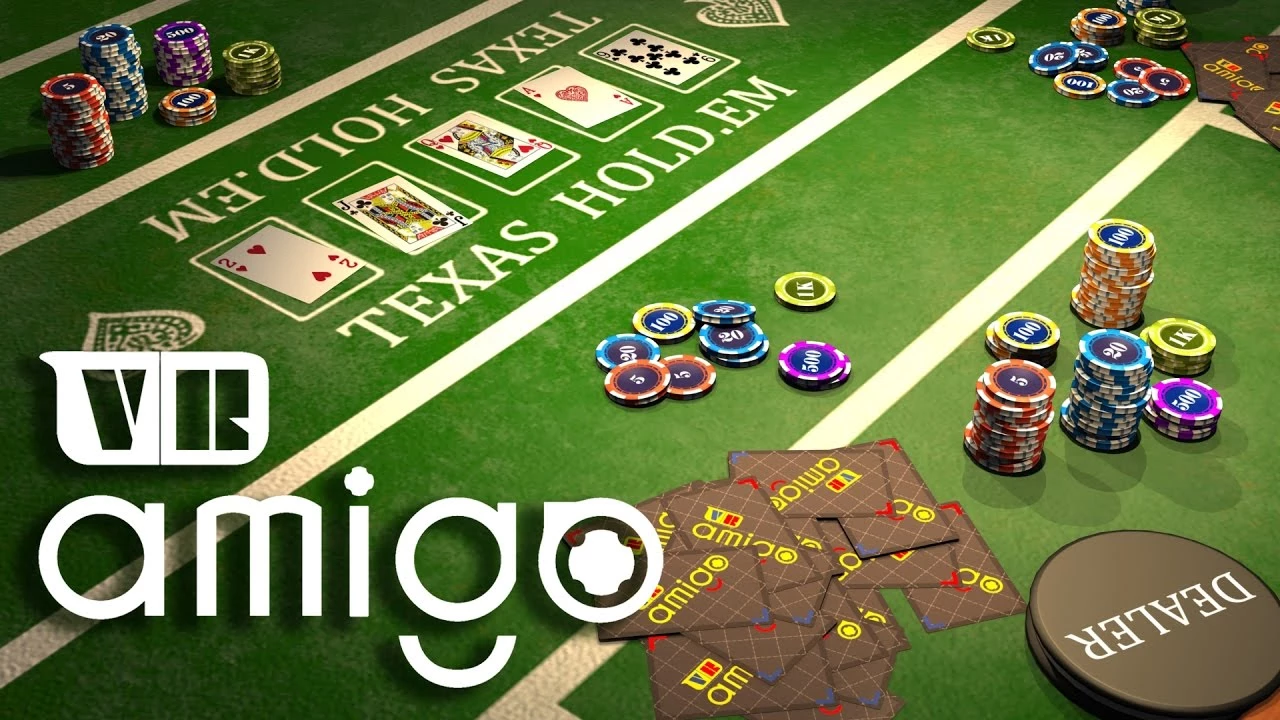 Виртуальная покерная стол с картами и фишками в VR-игре Amigo.