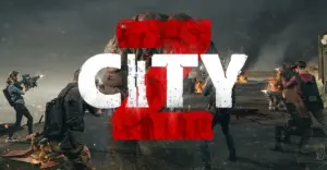Группа вооружённых игроков в VR-игре City 2 ведёт огонь в разрушенном городе под грозовым небом.