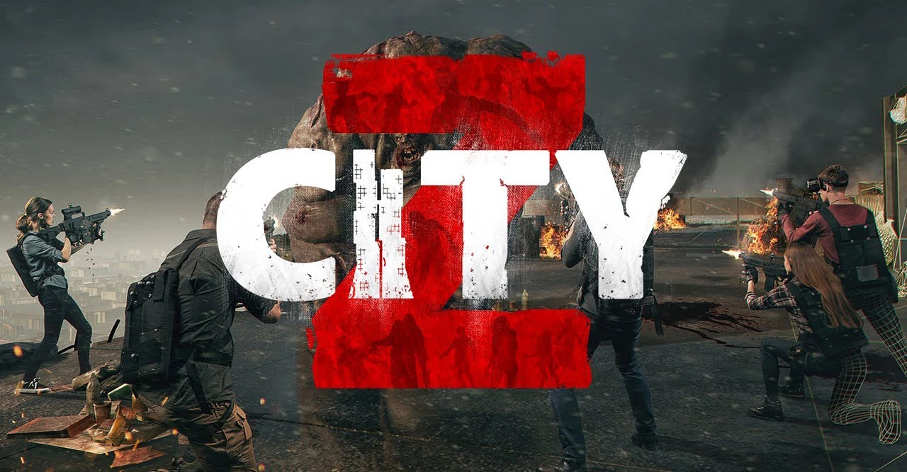 Группа вооружённых игроков в VR-игре City 2 ведёт огонь в разрушенном городе под грозовым небом.