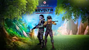 Два вооружённых игрока в лесу с водопадами, логотип игры "Anvio Revolta" вверху.