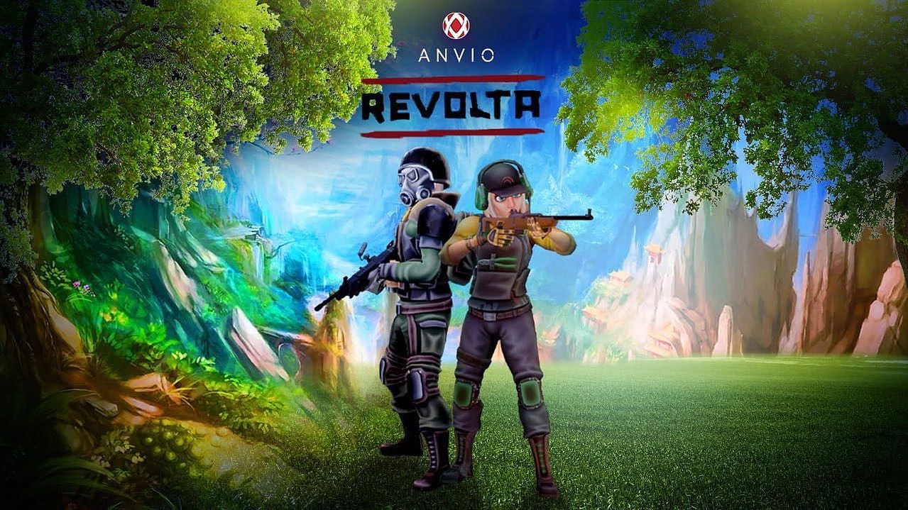 Два вооружённых игрока в лесу с водопадами, логотип игры "Anvio Revolta" вверху.