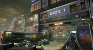 Футуристический вр-портал "GATE 1" с индустриальным дизайном и панорамой космоса на заднем плане.