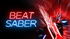 Геймплей VR игры Beat Saber: игрок режет блоки меча, сопровождаемый яркими вспышками и неоновым светом.