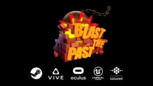 Логотип VR-игры «Blast the Past» с бомбой, взрывающей кирпичную стену, на фоне логотипов платформ и движков.