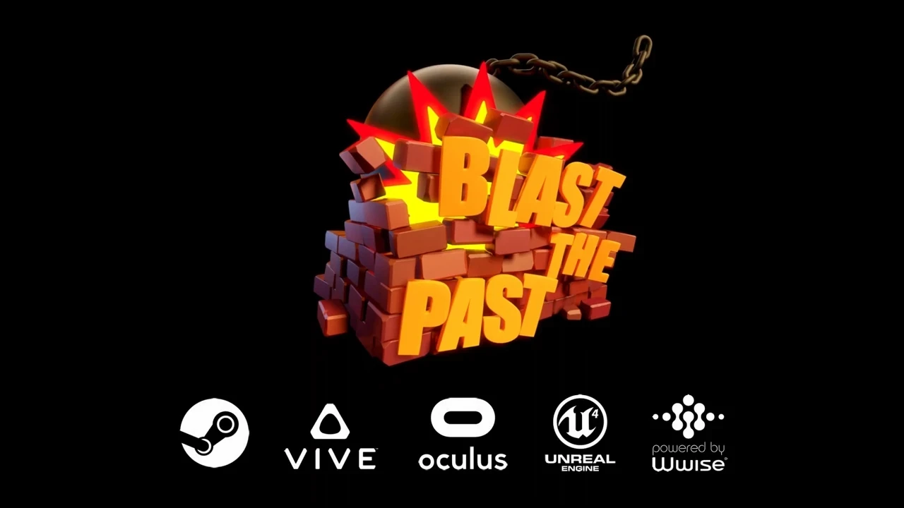 Логотип VR-игры «Blast the Past» с бомбой, взрывающей кирпичную стену, на фоне логотипов платформ и движков.
