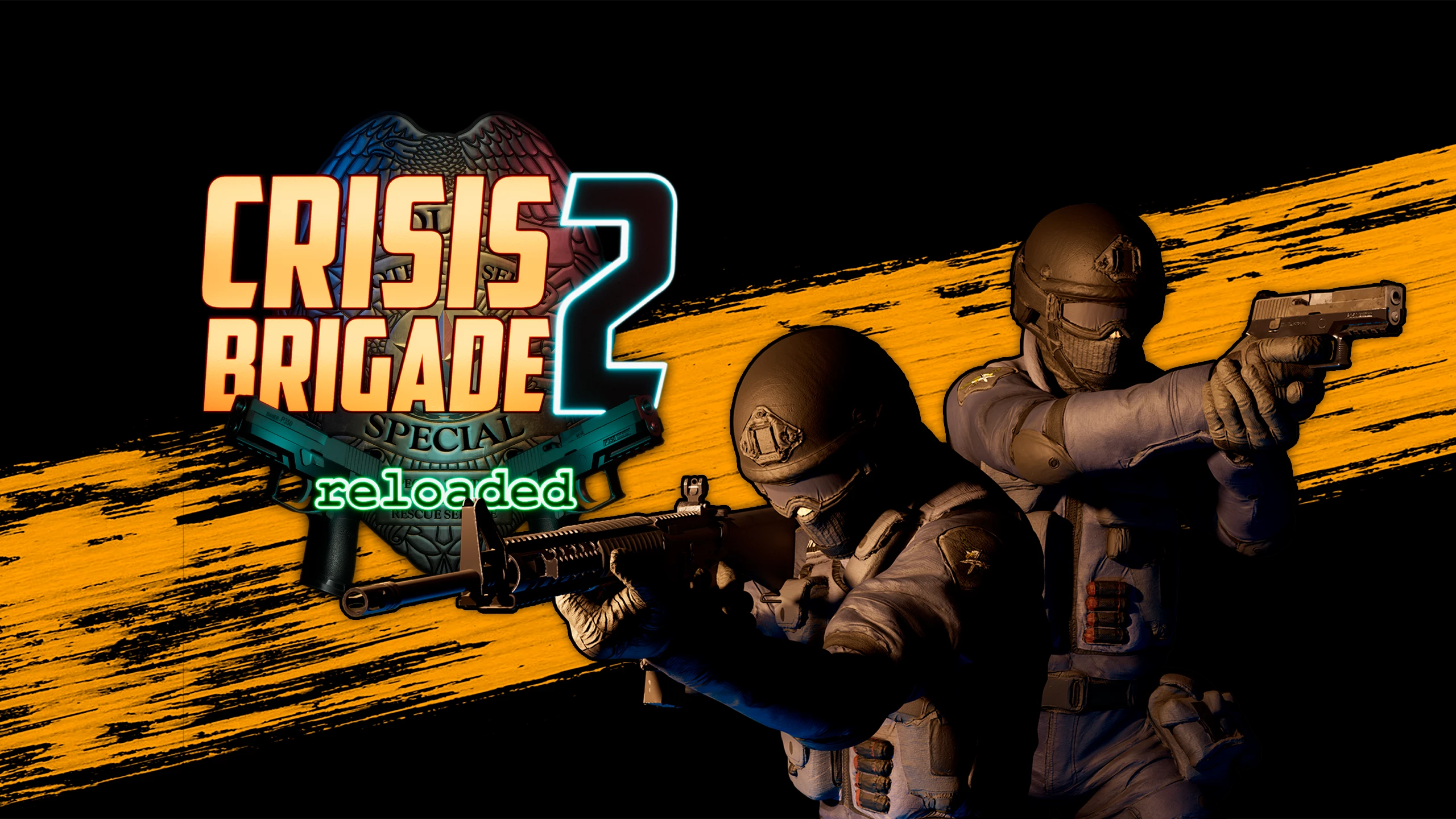 Два вооруженных спецназовца в шлемах на фоне логотипа игры Crisis Brigade 2 Reloaded.