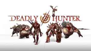 Группа монстров в стиле хоррор-шутера с кровавыми деталями и логотипом "Deadly Hunter".