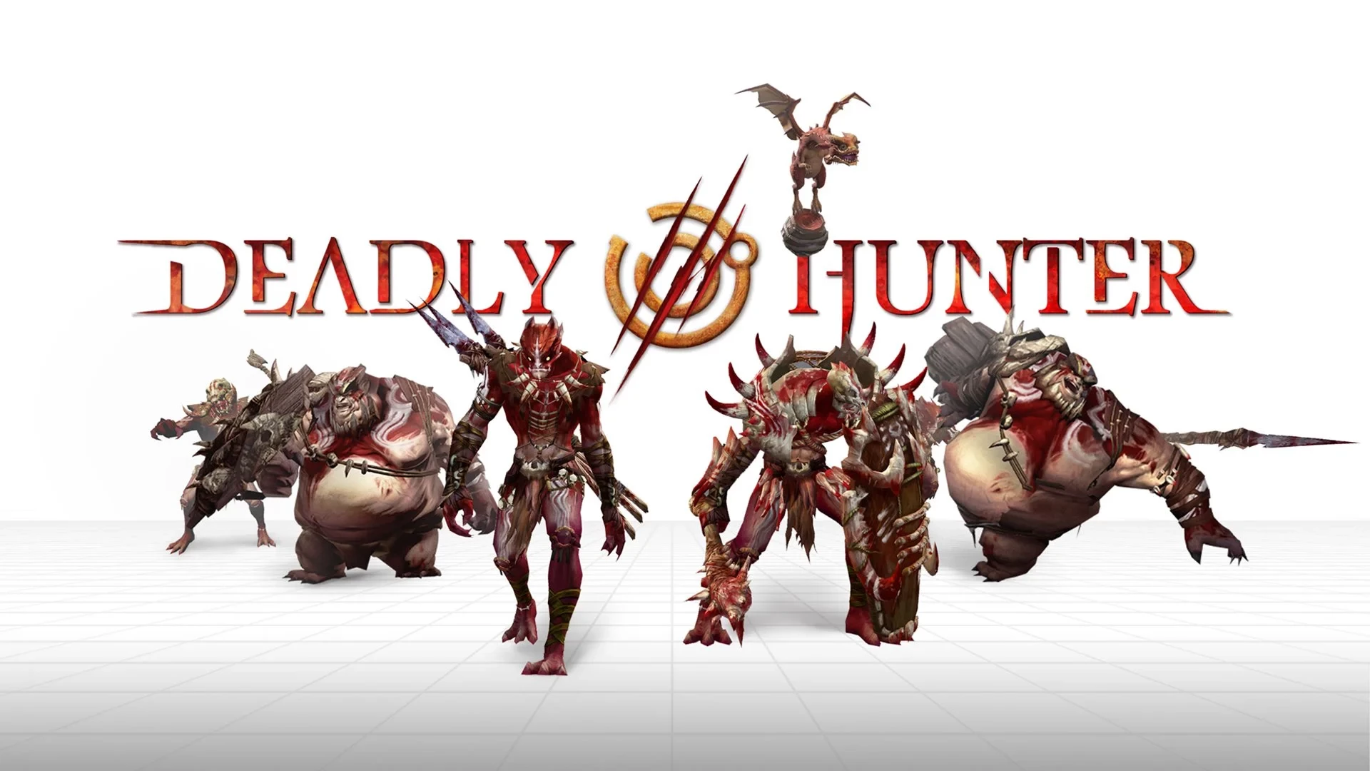 Группа монстров в стиле хоррор-шутера с кровавыми деталями и логотипом "Deadly Hunter".