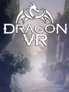 Логотип VR игры Dragon VR над туманным каньоном с рекой и древними деревьями.