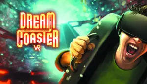 Игрок в VR-очки с криком на аттракционе, фон с зеленым сиянием и надписью Dream Coaster VR.