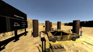 VR-игра "8 Papers 4 Poppers": игрок в пустыне с ржавым автомобилем и бочками, готовится к испытанию.