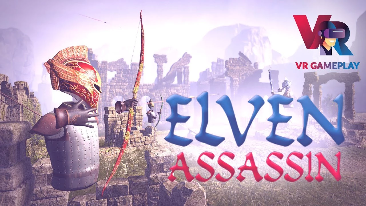 Эльф-ассасин с луком на фоне древних руин в VR-игре Elven Assassin.