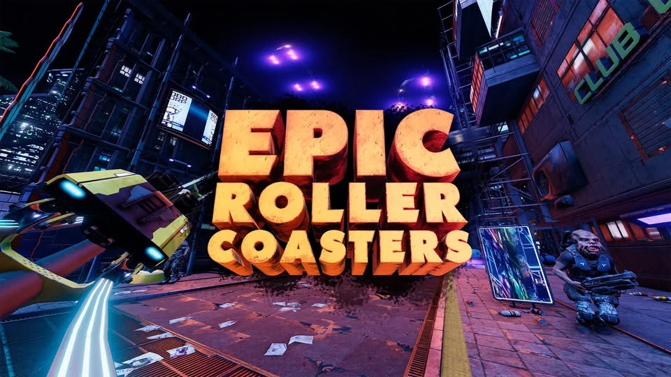 Футуристический город с яркими огнями и надписью "EPIC ROLLER COASTERS" на фоне аттракциона.
