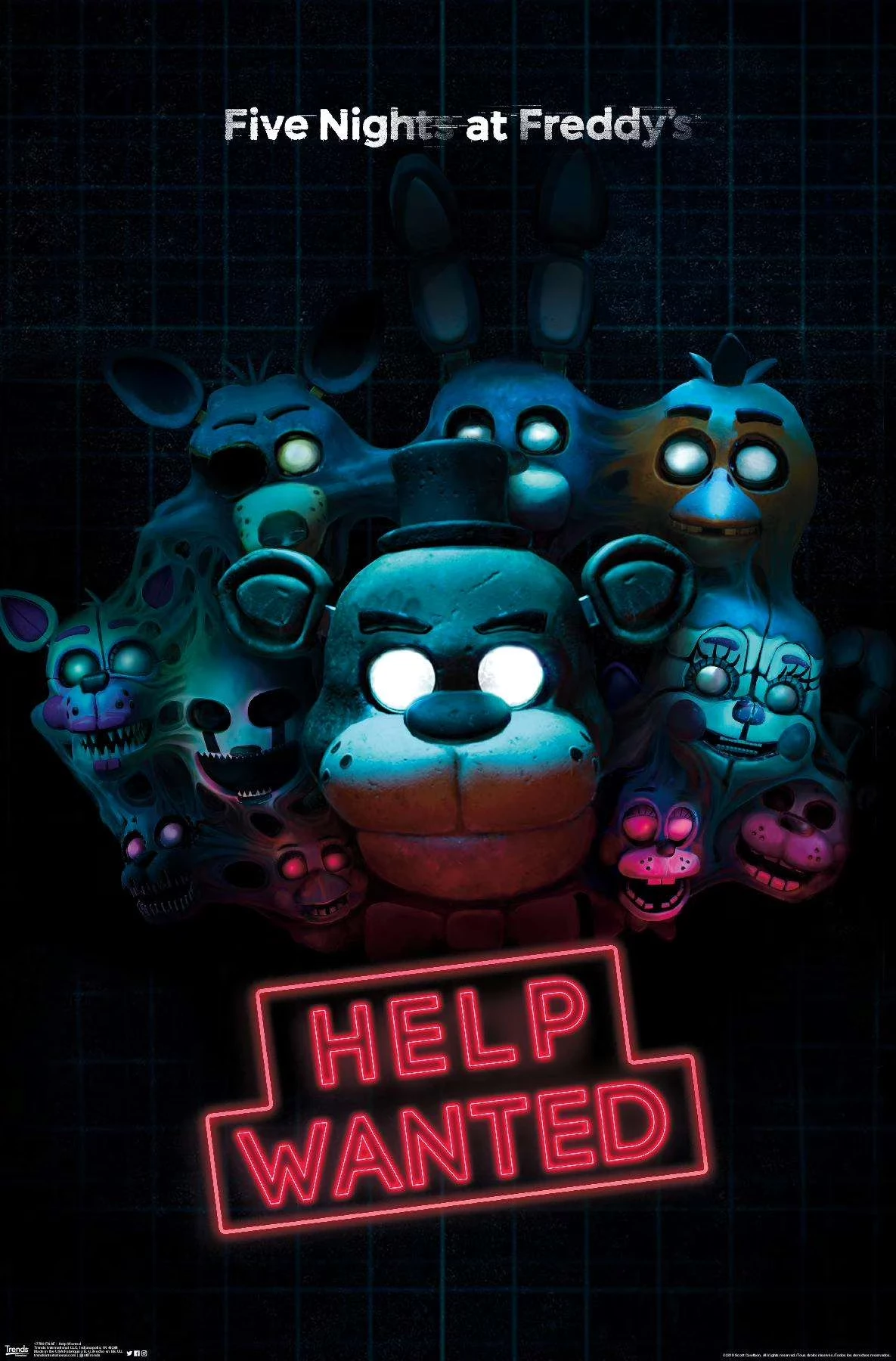 Постер к игре Five Nights at Freddy's с устрашающими аниматрониками и вывеской "HELP WANTED".