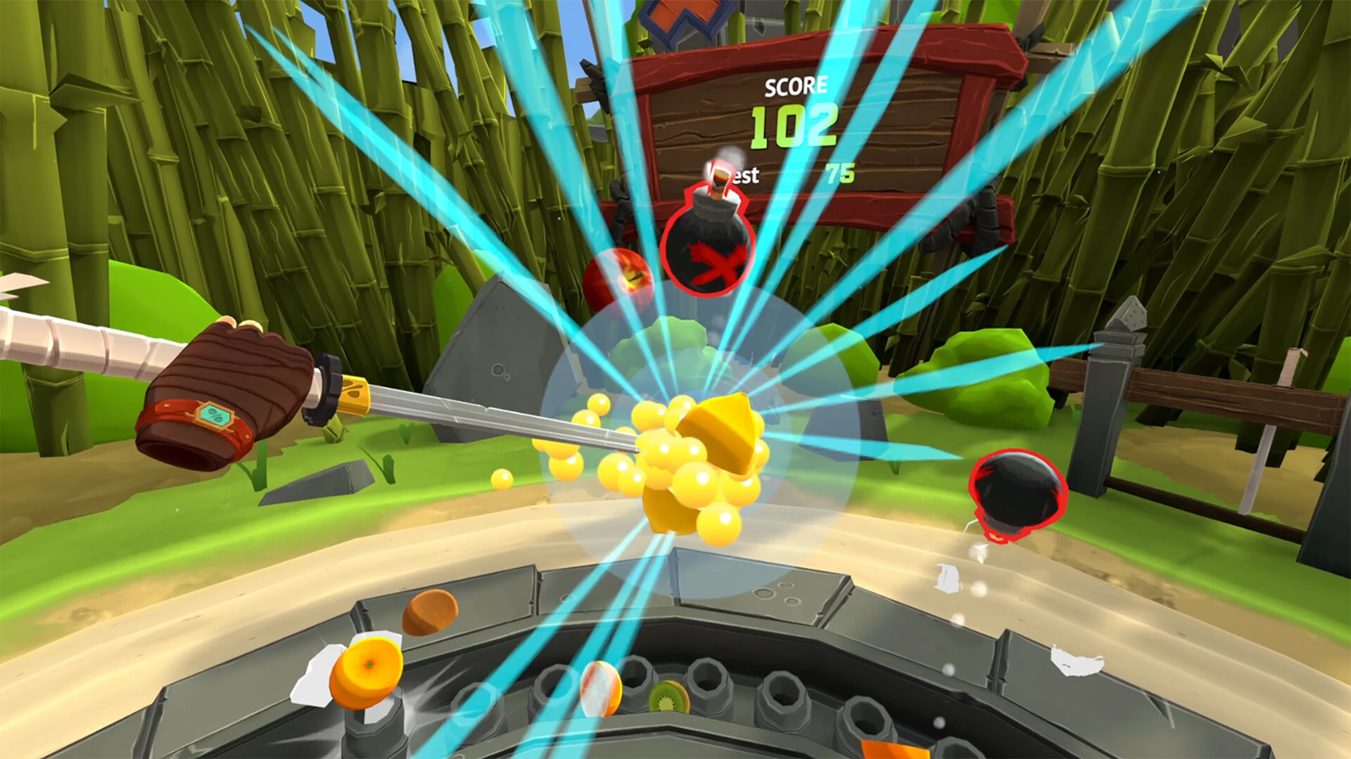 VR-игра с видом от первого лица: игрок бьет по яйцам молотком в тропическом лесу.