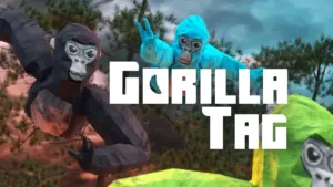 Гориллы в ярких костюмах играют в тег в лесу. Игра Gorilla Tag для VR.