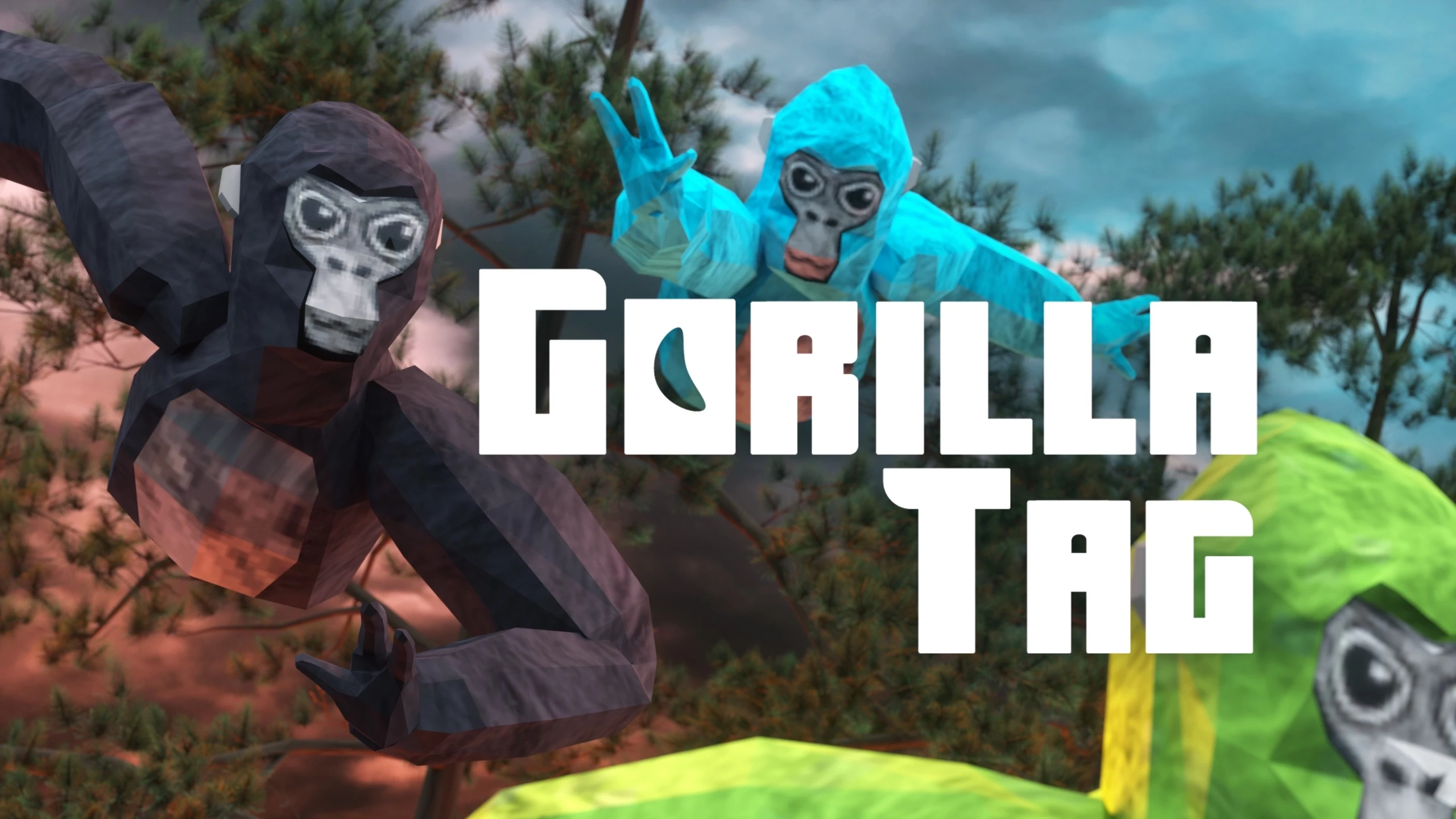 Гориллы в ярких костюмах играют в тег в лесу. Игра Gorilla Tag для VR.