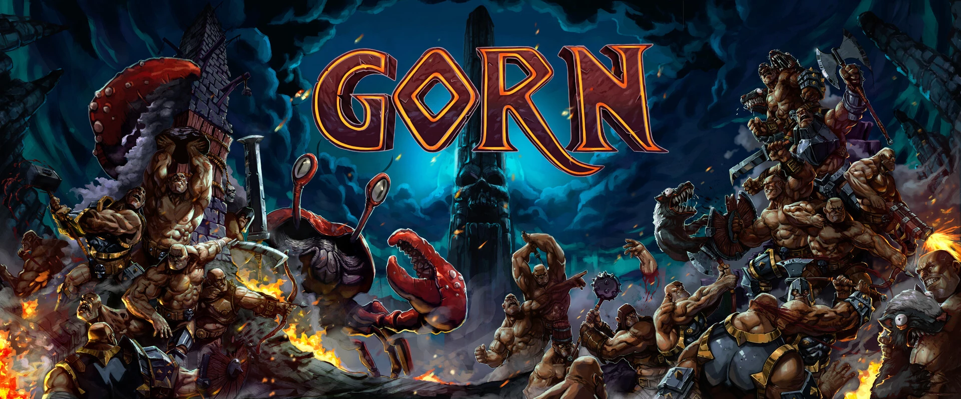 Горные бойцы в VR-игре Gorn сражаются в эпическом бою под грозовым небом.