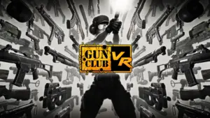 Игрок в VR держит оружие, окруженный вращающимися автоматами в стиле Gun Club VR.
