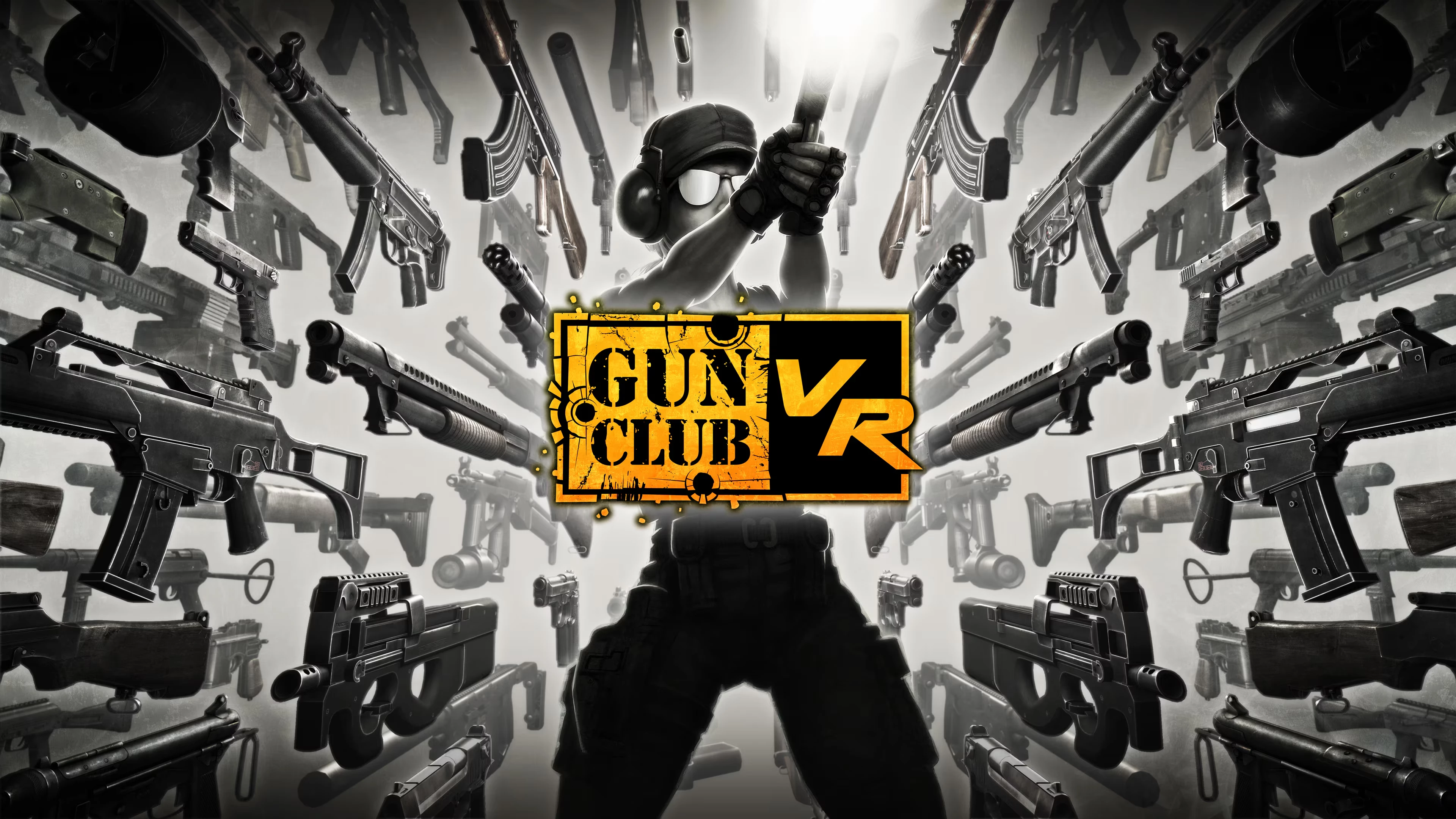 Игрок в VR держит оружие, окруженный вращающимися автоматами в стиле Gun Club VR.