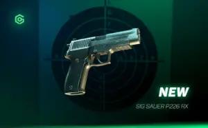 Новинка в VR-шутере: пистолет SIG SAUER P226 RX на мишени с зеленым освещением.