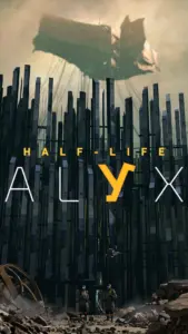 Алиса в постапокалиптическом мире Half-Life, с боевыми действиями и летающим кораблем на фоне.