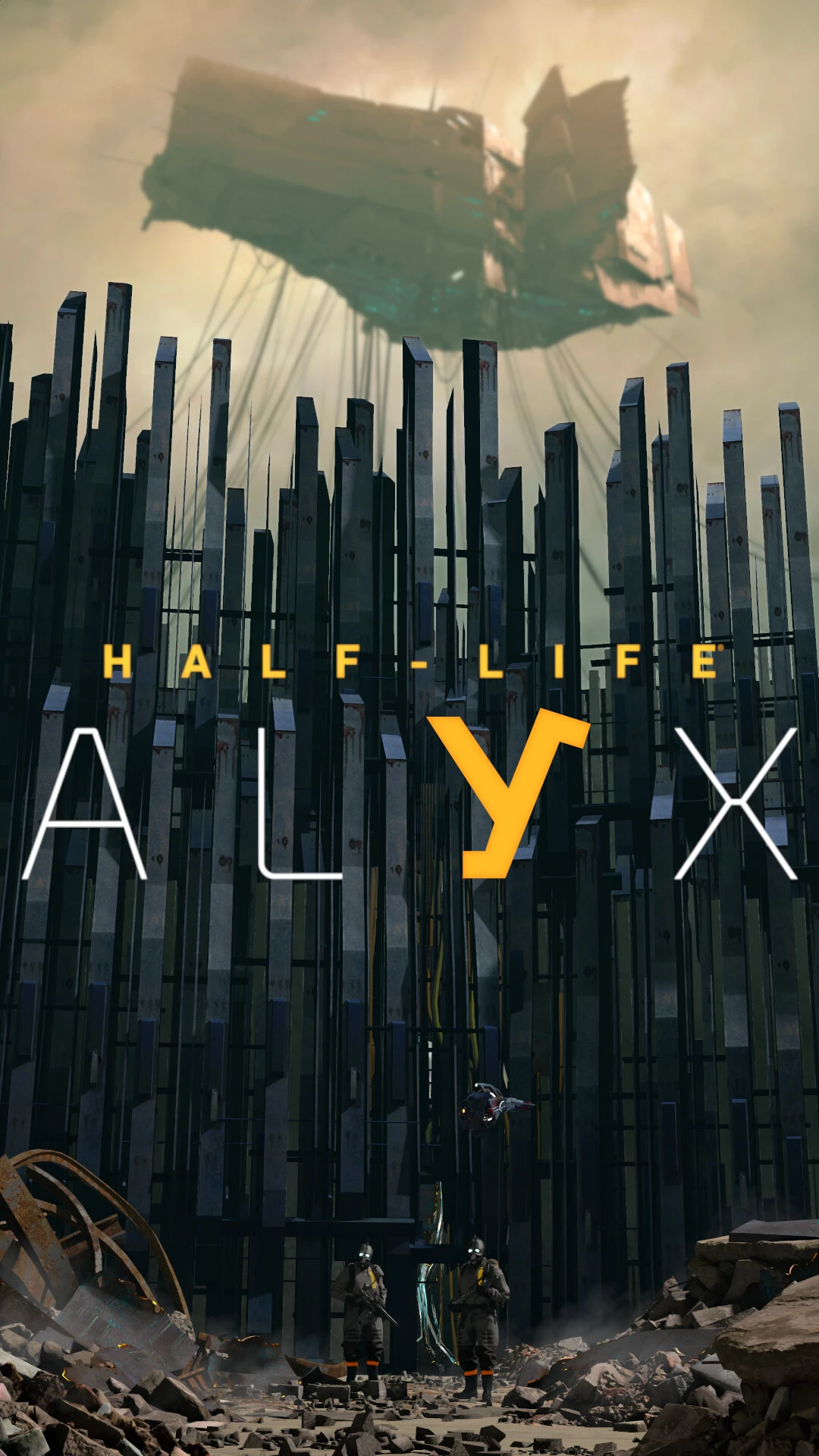 Алиса в постапокалиптическом мире Half-Life, с боевыми действиями и летающим кораблем на фоне.