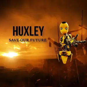 Робот-спасатель в VR-игре Huxley на фоне заката в постапокалиптическом мире.