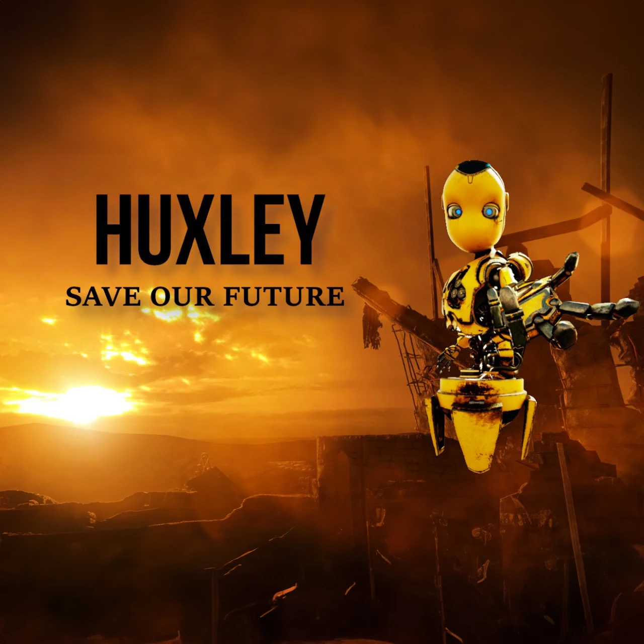 Робот-спасатель в VR-игре Huxley на фоне заката в постапокалиптическом мире.