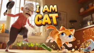 [RESULT]Кот в VR-игре "I AM CAT" прыгает, разбрасывая корм, в то время как пожилая женщина пытается его поймать.