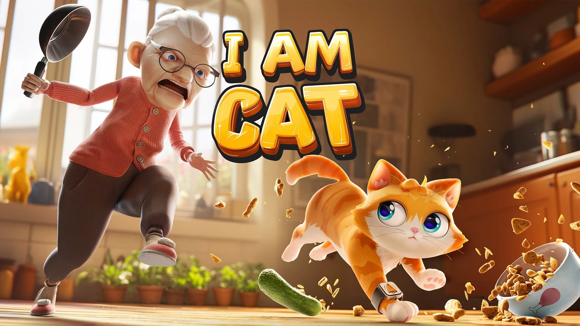 [RESULT]Кот в VR-игре "I AM CAT" прыгает, разбрасывая корм, в то время как пожилая женщина пытается его поймать.