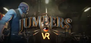 Игрок в VR-шлеме стоит в тёмной промышленной обстановке с логотипом JUMPERS VR.