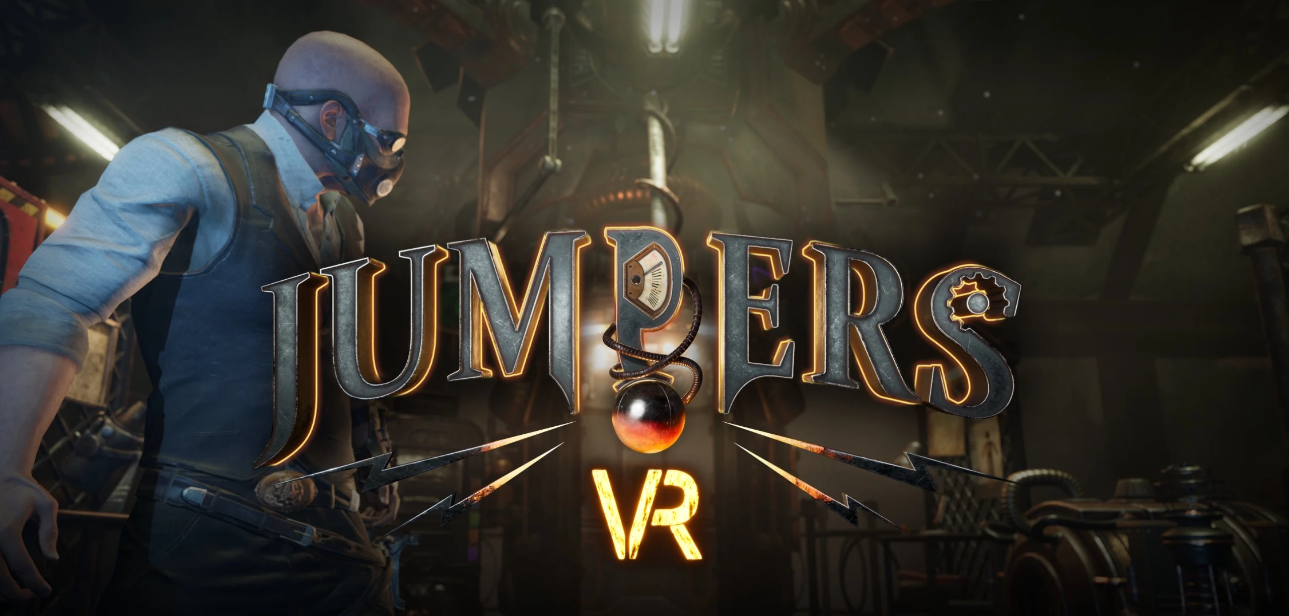 Игрок в VR-шлеме стоит в тёмной промышленной обстановке с логотипом JUMPERS VR.