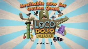 Яркий арт-постер VR-игры Loco Dojo Unleashed для Oculus Quest с забавными монстрами на фоне солнечного неба.