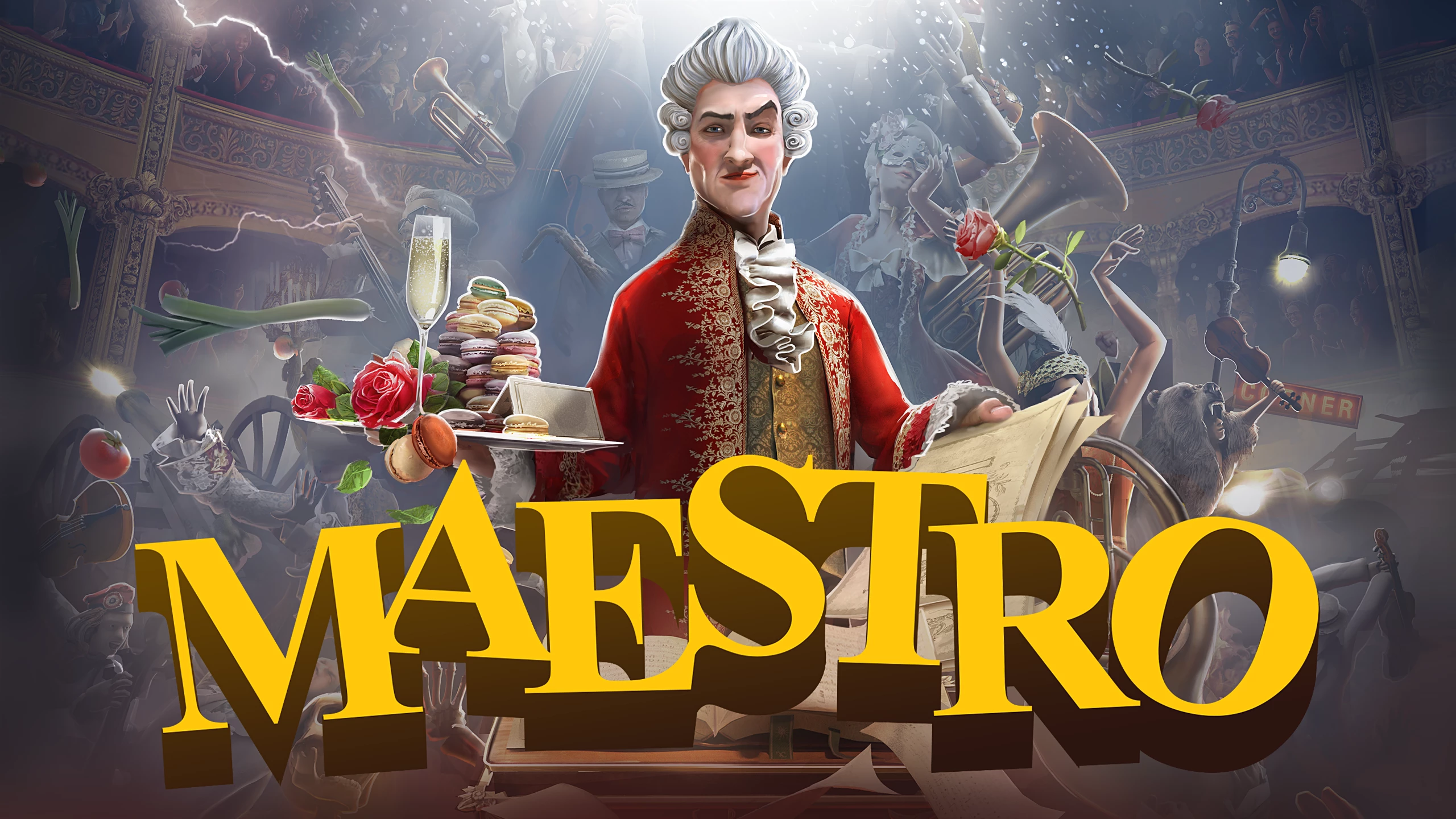 Виртуальная VR игра «Maestro»: барон в роскошном костюме с подносом в театре с хаотичной сценой.