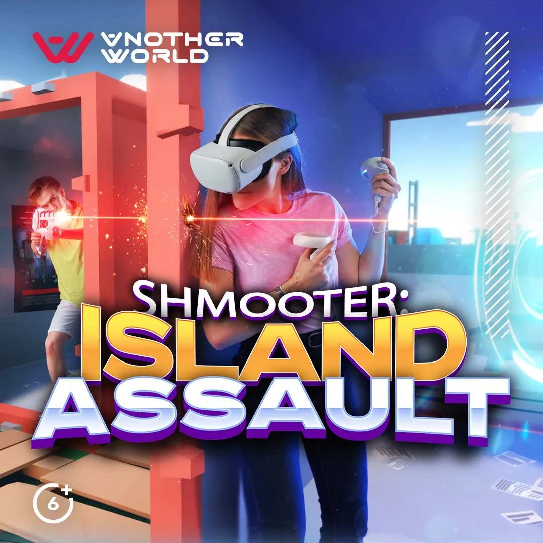 Девушка в VR-очки стреляет в шутере, а мужчина в реальности держит пистолет с эффектом огня.