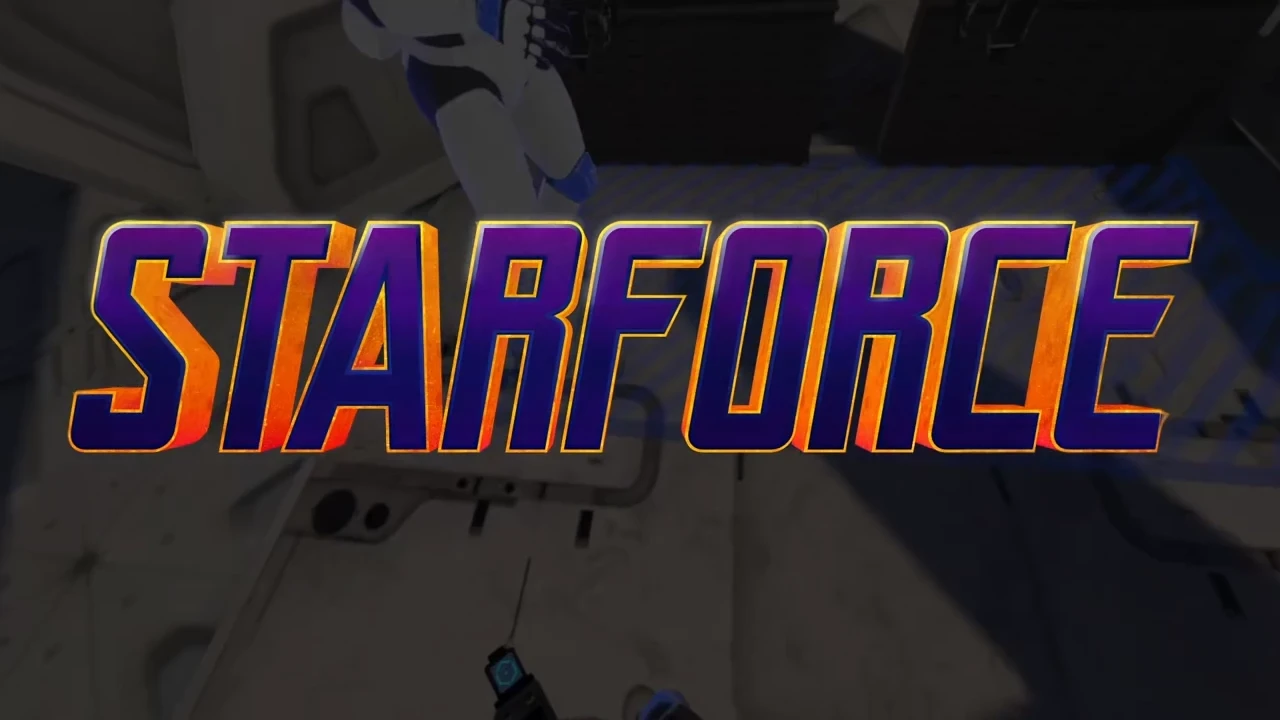 Загрузочный экран VR-игры Starforce с крупным логотипом и видом на оружие в космическом корабле.