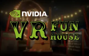 Логотип VR Fun House от NVIDIA на фоне аттракционов тематического парка развлечений.