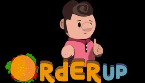 Мультяшный кейтер с бургером и надписью «ORDER UP» на черном фоне.