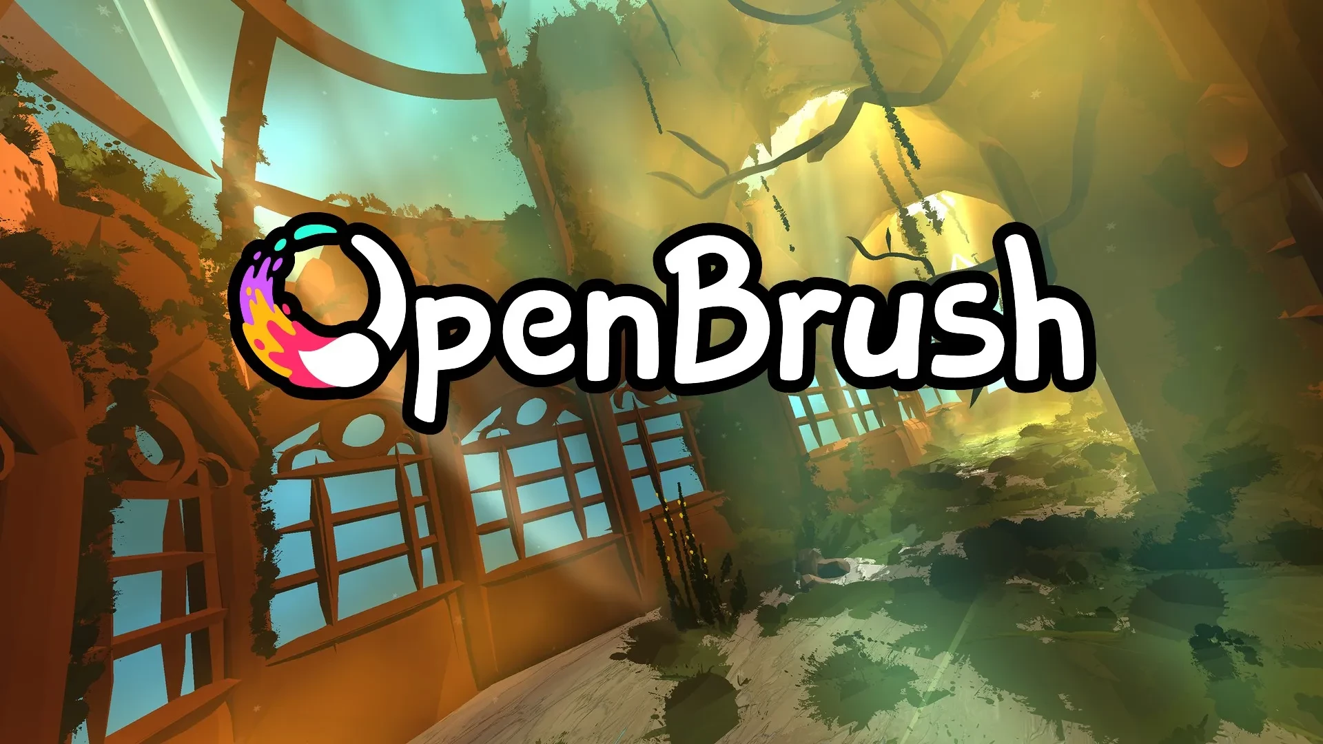 Фэнтезийный интерьер с винтажными окнами и зелёной лианой, фоном для VR-игры OpenBrush.