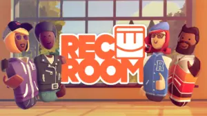 Группа ярких персонажей в стиле Roblox на фоне логотипа Rec Room в помещении с окном.