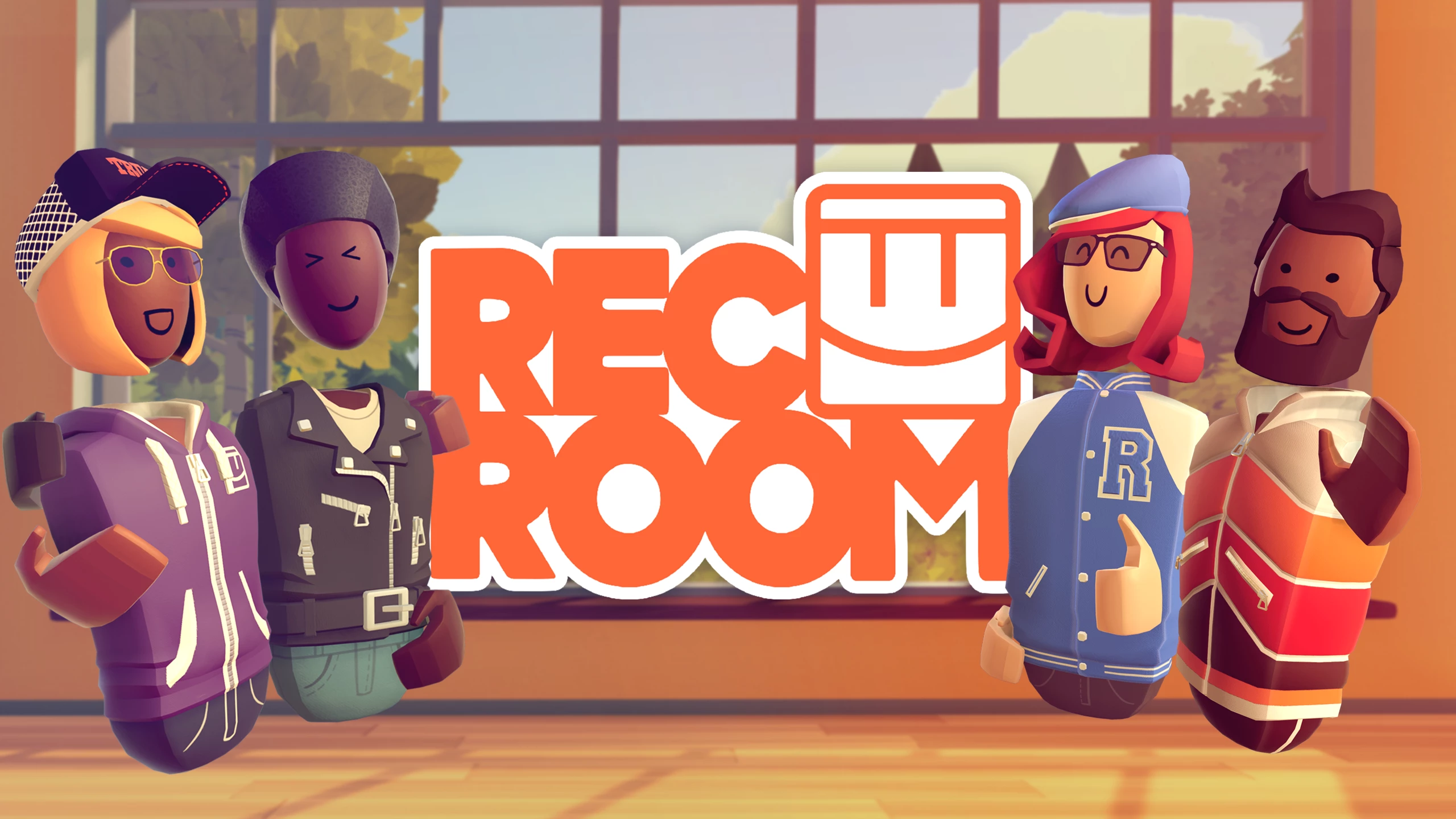 Группа ярких персонажей в стиле Roblox на фоне логотипа Rec Room в помещении с окном.