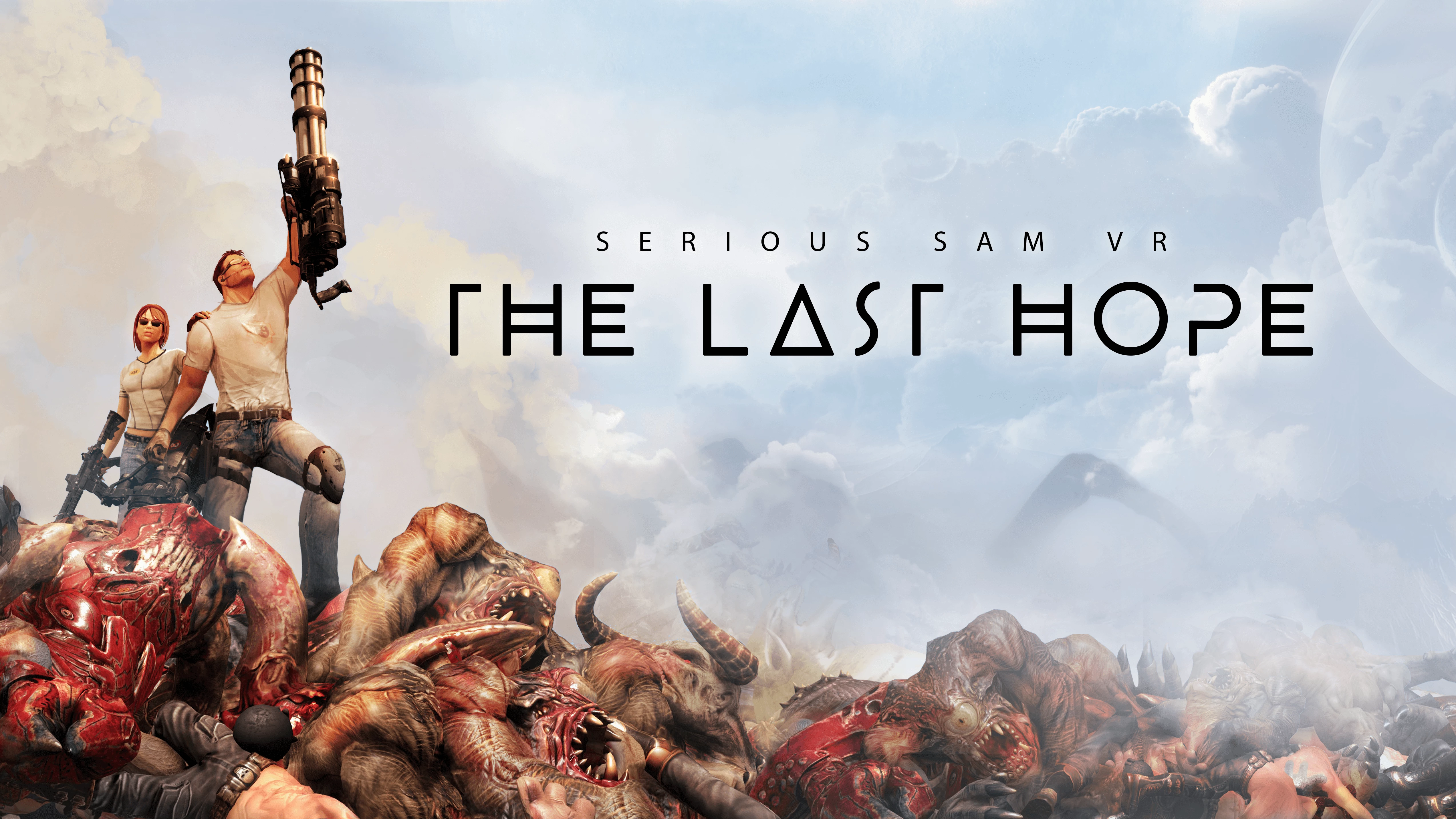 Герои в VR-игре «Serious Sam VR: The Last Hope» стоят на горе монстров, держа оружие под небом с облаками.