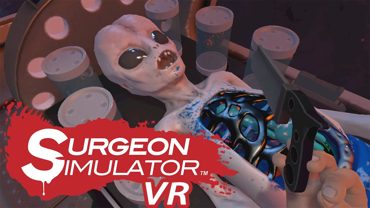 VR-симулятор хирургии: игрок оперирует инопланетянином в операционной с кровью и инструментами.