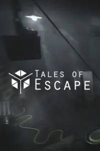 Темный, туманный интерьер с ярким светом и желтым проводом, логотип игры Tales of Escape.